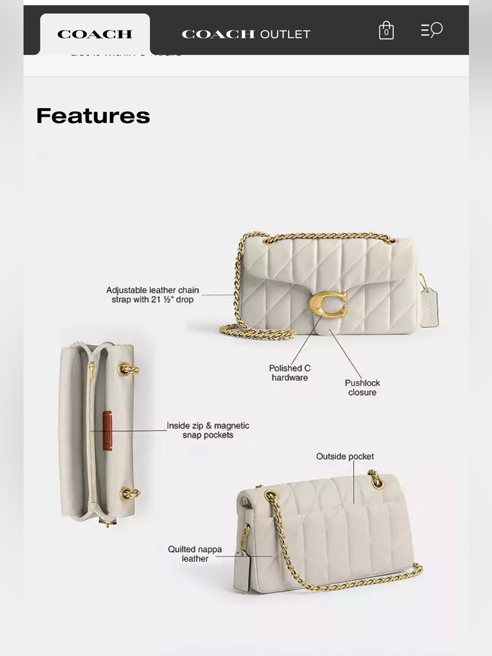 EUC Coach Quilted Tabby 26 (#CP150) color Brass/Chalk (B4/HA)—used maybe 2 times - Picture 12 of 13